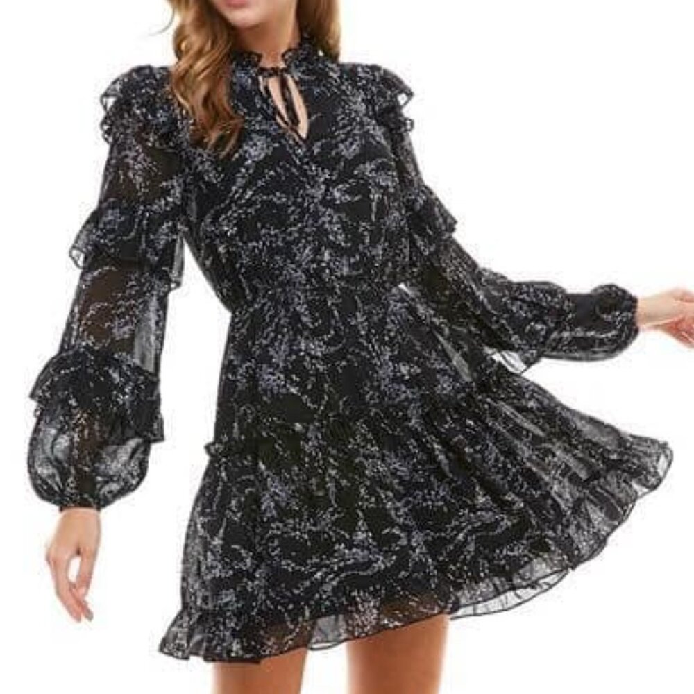 TCEC Dress Ruffle Tiered Black Floral Medium Romantic Weddings Date Night Travel - Picture 2 of 9
